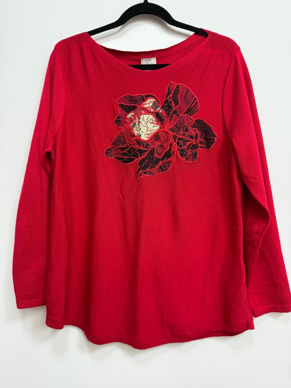 Chico’s Red Long-Sleeve Floral Embroidered Top size 2 (or US large, 12–14)